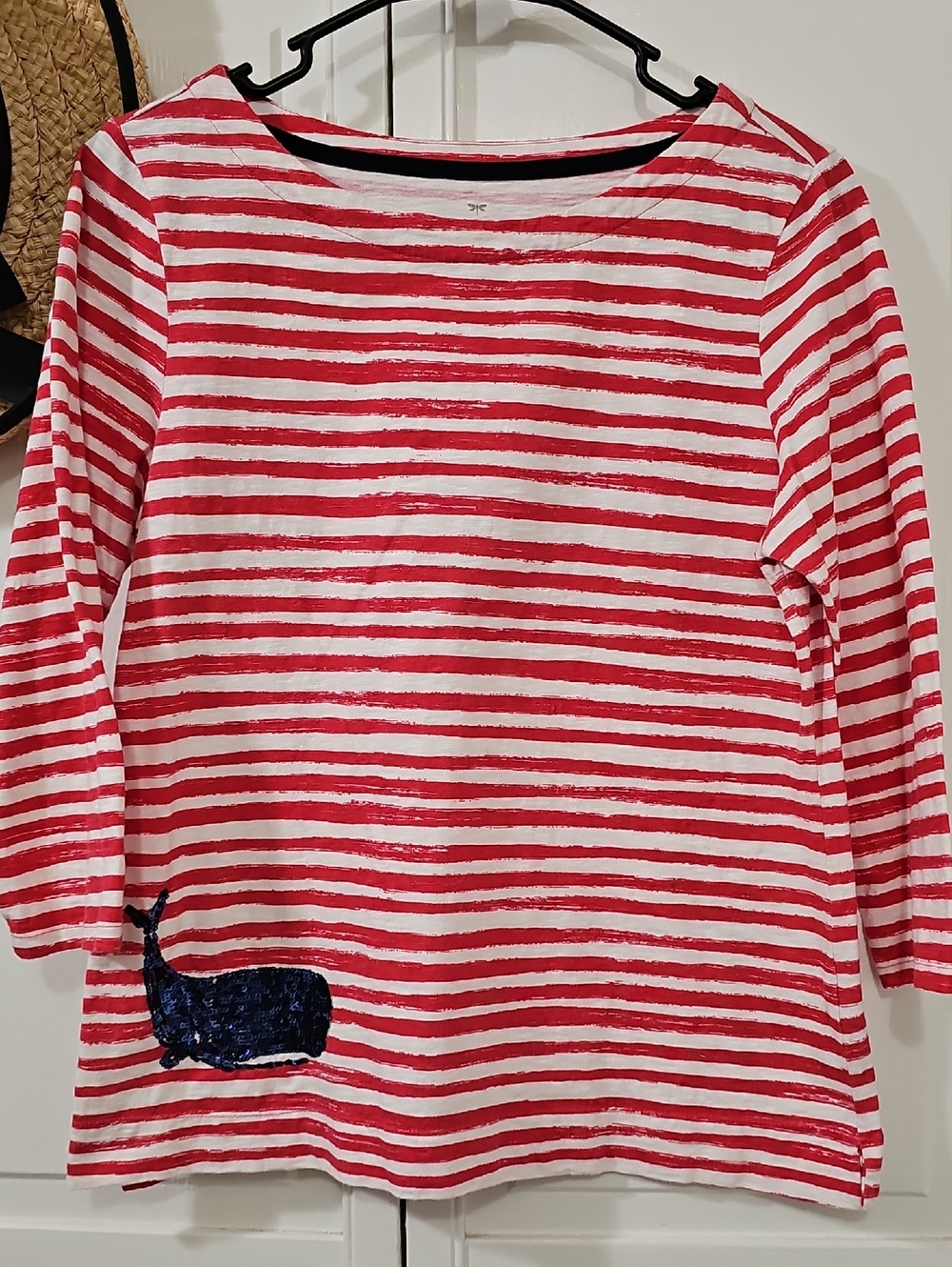Talbots Nautical Pink/red Striped Petite Cotton Tee with Navy Sequined Whale!